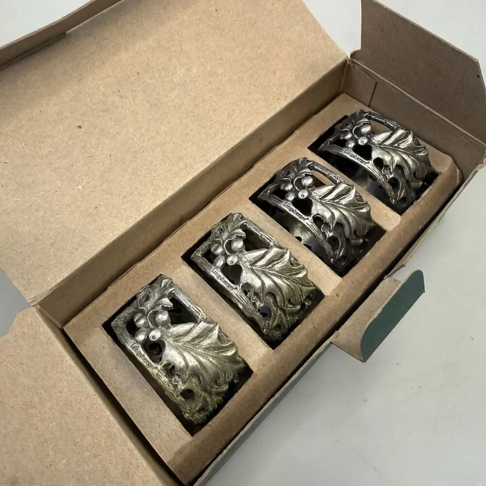 Longaberger 2001 American Holly Pewter Napkin Rings Set 4 Christmas NEW